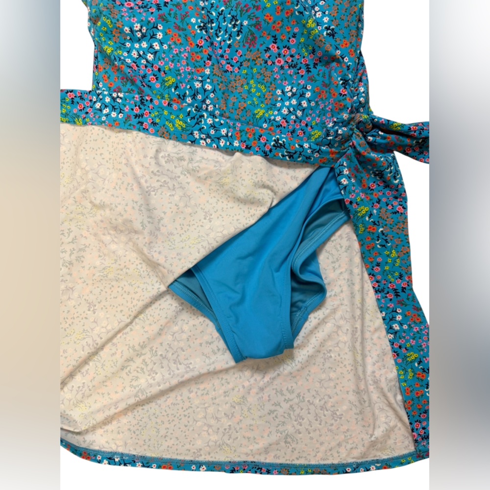 Lands' End women’s one piece swimsuit swim dress 2 blue floral - Picture 2 of 8